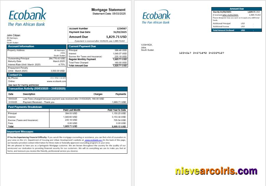 South Sudan Ecobank bank mortgage statement